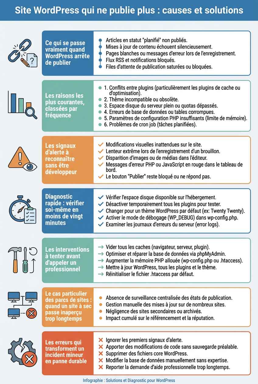 Infographie Site wordpress qui ne publie plus : causes et solutions