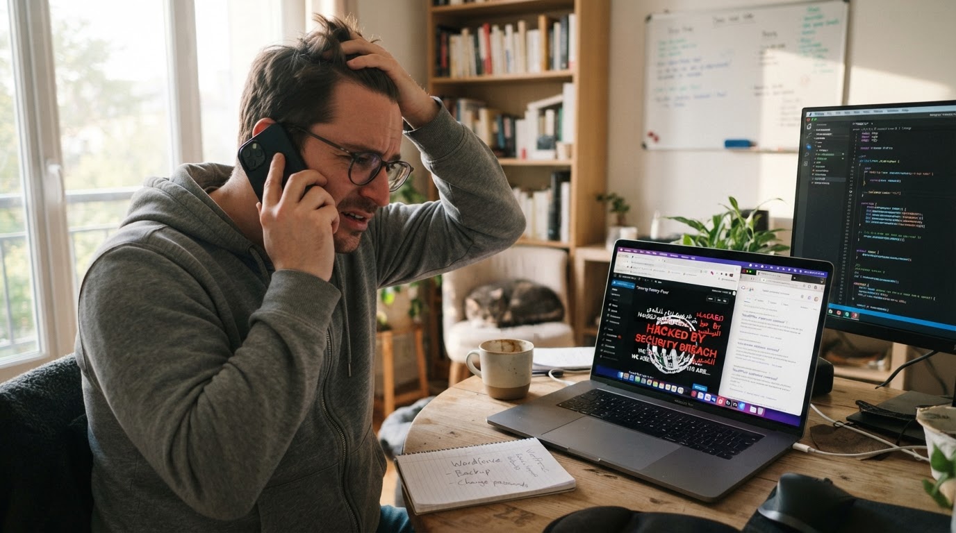 Un éditeur au téléphone devant l'écran de son site piraté